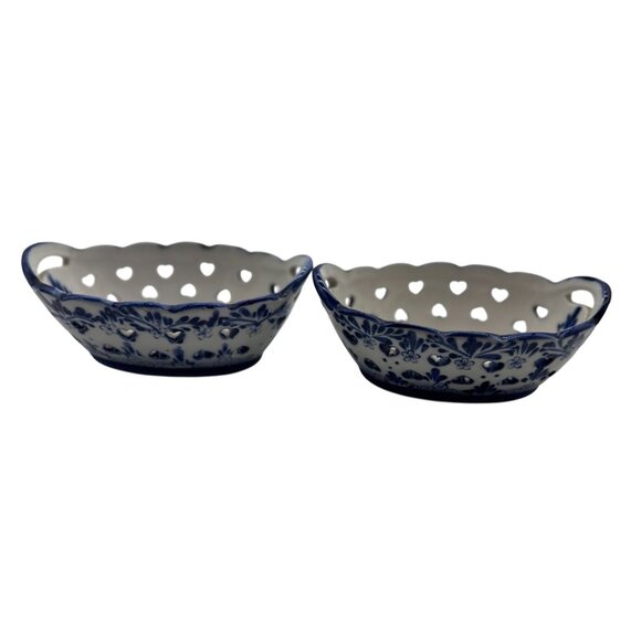 Dutch Delft Style Blue & White Ceramic Pierced Oval Bowls With Windmill Design - Picture 3 of 4